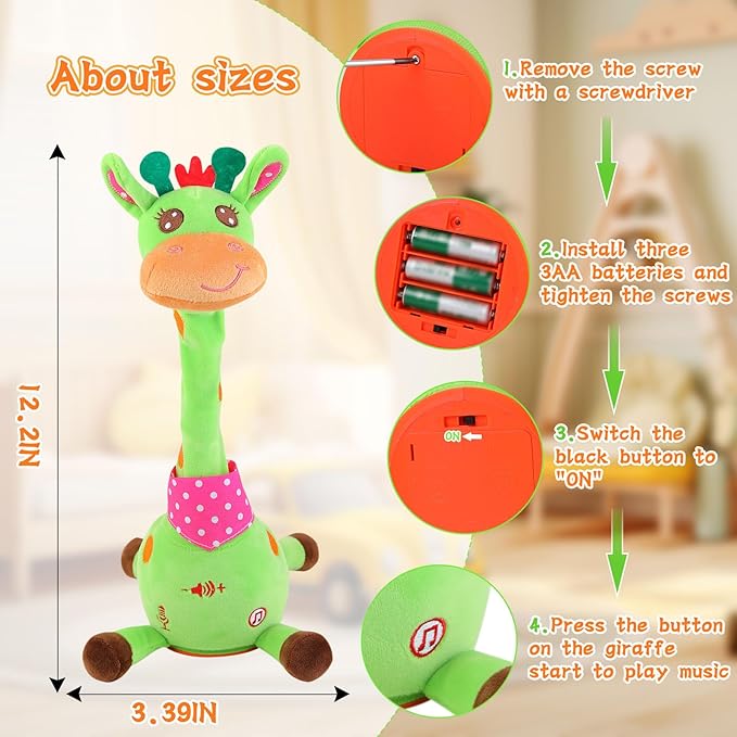 LUKETURE Dancing Talking Singing Green Giraffe Toy Stuffed Plush, Interactive Stuffed Animal Toy, Musical Giraffe Plush with Record & Repeat, Sings 10 Songs, LED Lights
