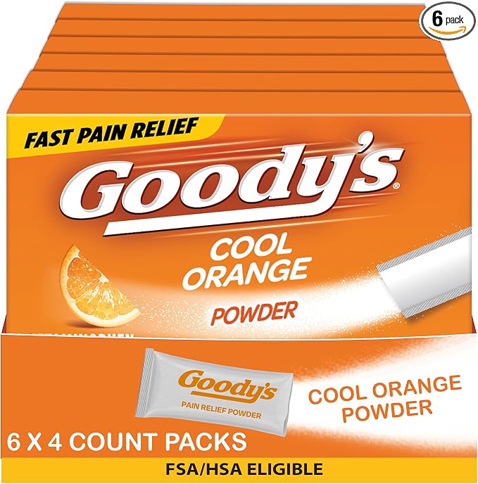Goody's Headache Powder, Triple Action Fast-Acting Formula Headache Relief with Aspirin, Acetaminophen & Caffeine, Cool Orange Flavor, 4 Powder Sticks, 6 Pack