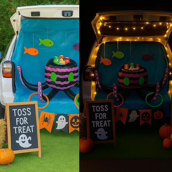 GIFTEXPRESS Halloween Ring Toss Game and Decor 4-in-1 – Trunk of Treat Inflatable Octopus Sea Creature Candy Bowl, Cooler, Basketball Hoop & Pool Toy, Indoor/Outdoor Party Game for Kids & Adults