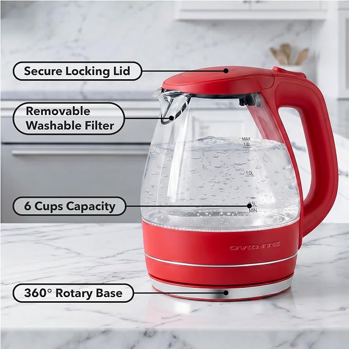 OVENTE Electric Kettle, 1.5L Borosilicate Glass Countertop Water Heater and Boiler for Coffee or Tea, BPA-Free, Auto Shut-Off, Boil-Dry Protection, Removable and Washable Spout Filter, Red KG83R