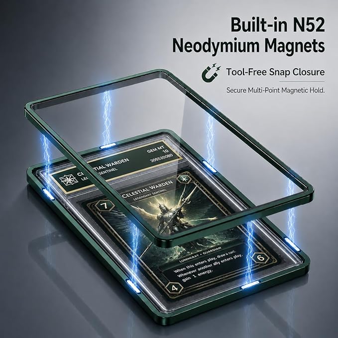 Magenetic Trading Card Slab Protector - Premium Aluminum Graded Card Showcase, Graded Slab Protector with UV-Resistant Tempered Glass, Personalized Slab Bumper for Collectors, Green
