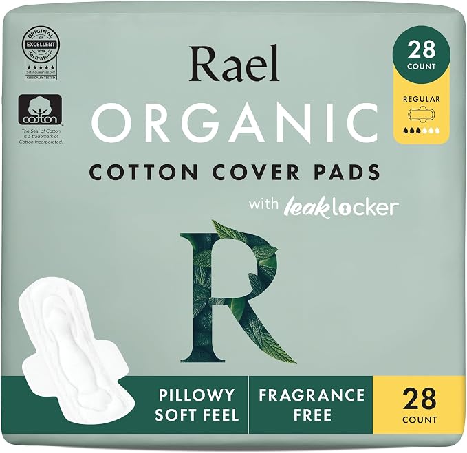 Rael Organic Cotton Cover Pads - Regular Absorbency, Unscented, Ultra Thin Pads with Wings for Women (Regular, 28 Count)