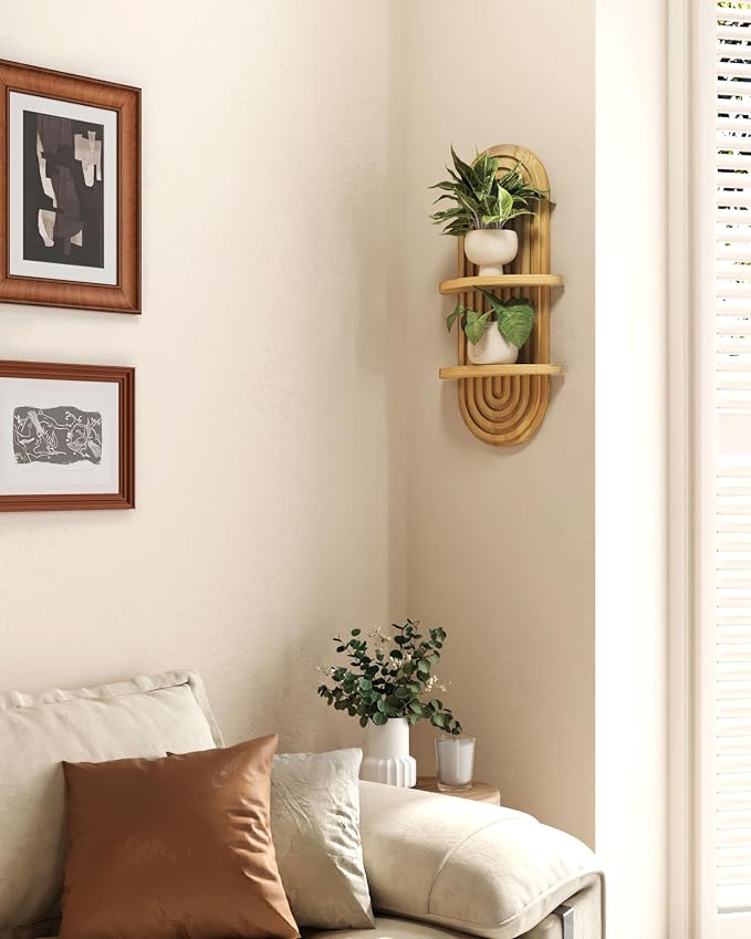 Bamworld Boho Wall Decor Plant Wall Shelf Wood Plant Holder Natural | Mid Century Modern Decor Hanging Plant Shelf Wooden Floating Shelves for Home Bedroom Living Room Holding Planter Decoration