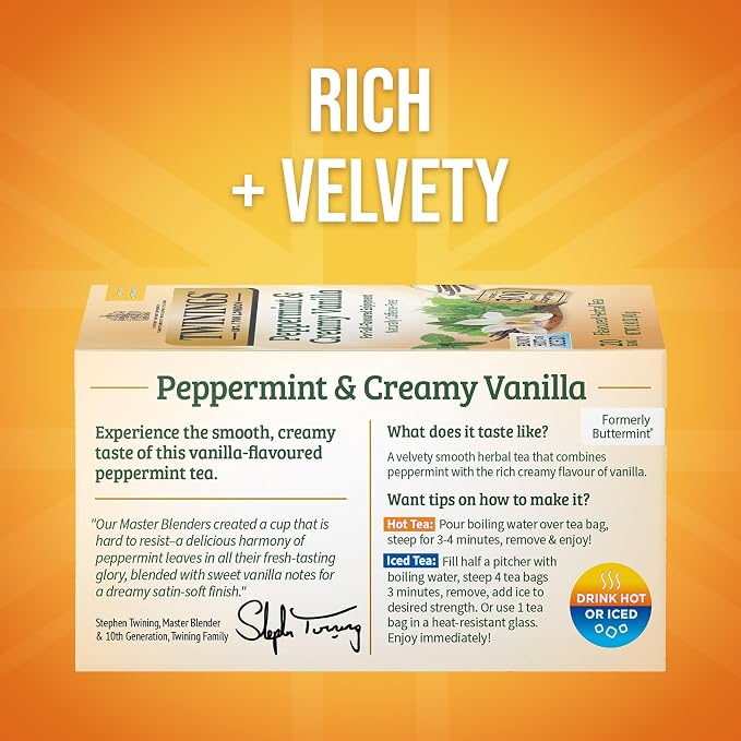 Twinings Peppermint & Creamy Vanilla Herbal Tea Individually Wrapped Bags, 20 Count (Pack of 1), Formerly Buttermint, Naturally Caffeine-Free, Enjoy Hot or Iced, 20 Teabags