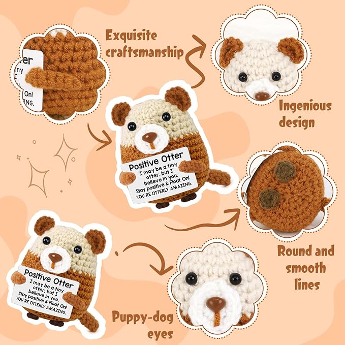 PARTY TONIGHT Positive Crochet Animals Otter Gifts, Mini Handmade Emotional Emotional Support Crochet Otter with Motivational Note Home Decor for Women Men Friend Birthday Christmas Graduation