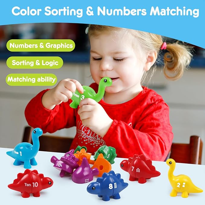 USATDD Numbers Matching Dinosaur Toy 1-10 Counting Sorting Game Double-Sided Dino Fine Motor Toys Number Recognition Learning Toy, Stocking Stuffers for for Kids Boys Girls