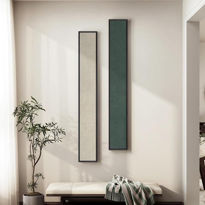 Framed Beige Green Abstract Vertical Wall Art Decor for Hallway, 2 Piece | Long narrow, Canvas prints, Neutral abstract pictures, Green and beige, Vertical, Minimalist artwork, Living room wall decor