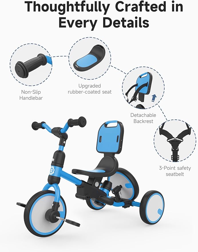 besrey Toddler Bike 1-3 Years Old,Toddler Tricycle with Spare Wheel,5 in 1 Kids Trike with Push Handle,Backrest and Safety Belt,Balance Bike 1+ Year Old,Birthday Gift and Toy for Boys and Girls