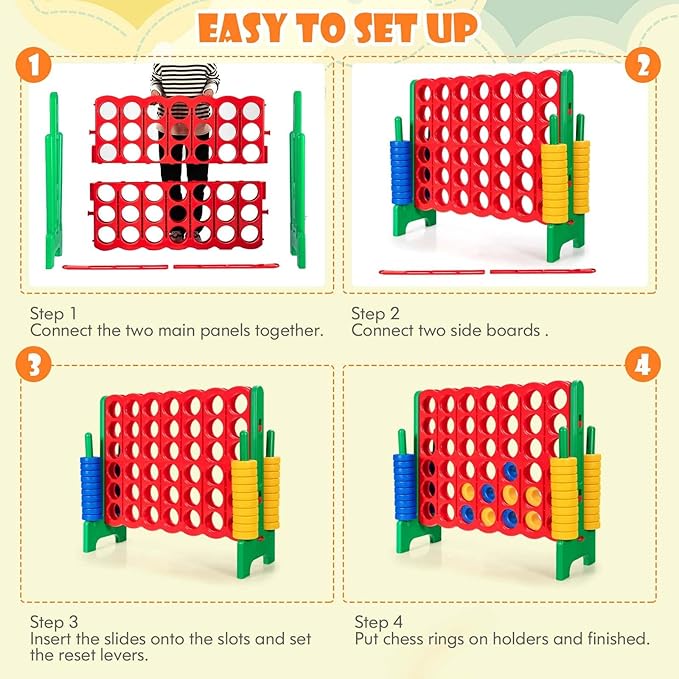 KOTEK Giant 4-in-a-Row Game Set, 3.5 Feet Tall Jumbo 4-to-Score Family Fun Game with Quick-Release Sliders & 42 Large Rings, Oversized Connect Plastic Yard Game Outdoor for Kids & Adults (Green+Red)