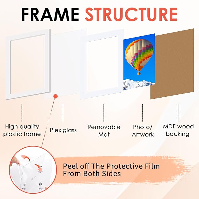 11x14 Picture Frame Set of 6, White Photo Frames Bulk with HD Plexiglass, Display Pictures 8x10 with Mat or 11x14 Without Mat, Multi Picture Frames Collage for Wall Decor