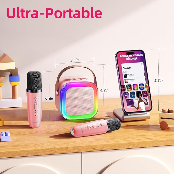 Kinglucky Mini Karaoke Machine for Kids, Top Birthday Gift Pick for Girls Ages 3, 4, 5, 6, 7, 8, 9, 10, 11, 12 Years Old, Kids' Personal Video Players Accessories with 2 Mics & Fun Voice Effects, Pink