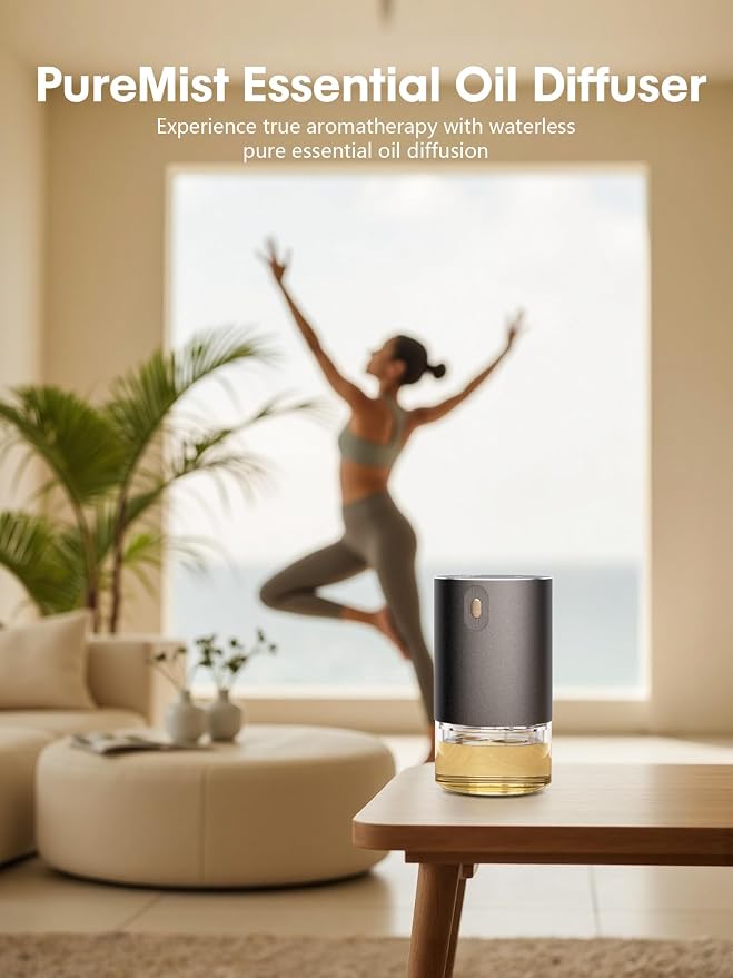 Waterless Essential Oil Diffuser, Rechargeable Aromatherapy Scent Diffusers for Home, Car, Bedroom, Office, 1/2/4/8-Hour Timer, 100ml Capacity, 4 Mist Levels, Metal Black