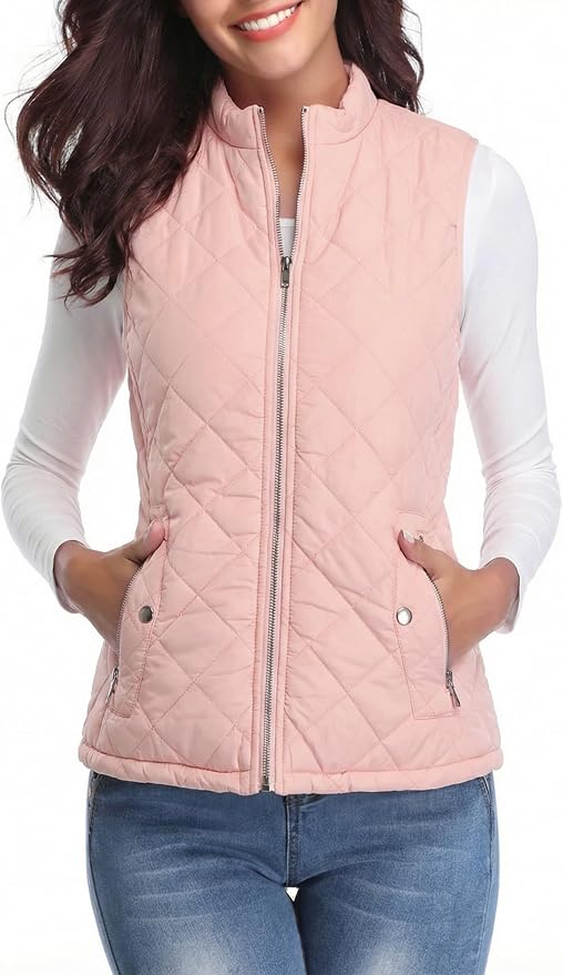 Fuinloth Women's Quilted Vest Lightweight Puffer Stand Collar Zip Gilet | 4 pockets with 2 inner storage. Quilted padded warm gilet. Fall winter outerwear layering vest for travel hiking daily wear.