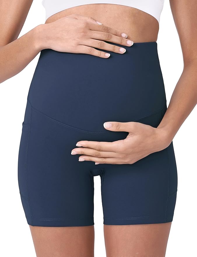 POSHDIVAH Women's Maternity Yoga Shorts Over The Belly Bump Summer Workout Running Active Short Pants with Pockets 5"/8"