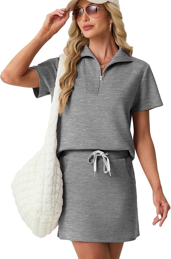GRECERELLE Women's Summer 2 Piece Skort Set Half Zip Short Sleeve Top & Pocketed Tennis Skirt For Sports & Vacations.