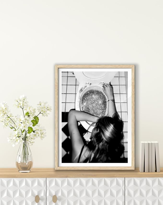 EcoHest 12x16 in After the Disco Party Framed Wall Art for Bathroom | Natural Oak Wood Frame, Canvas Wall Art, Black & White Funny Wall Decor for Bathroom, Bedroom, Dorm Room, College Room, 1Pack