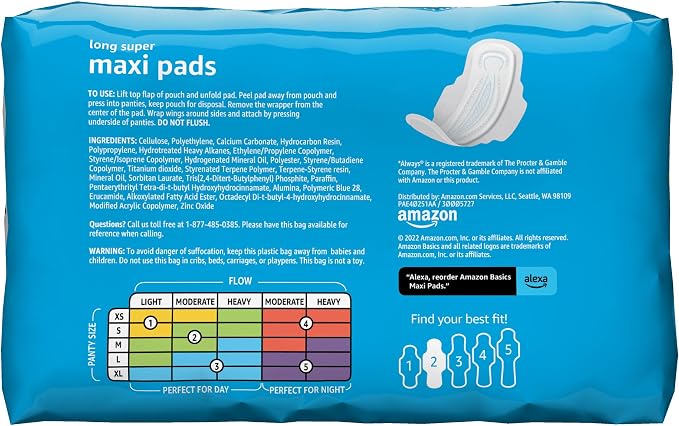 Amazon Basics Feminine Maxi Pads with Flexi-Wings for Periods, Long Length, Super Absorbency, Unscented, Size 2, 32 Count, (Previously Solimo) (Pack of 2)