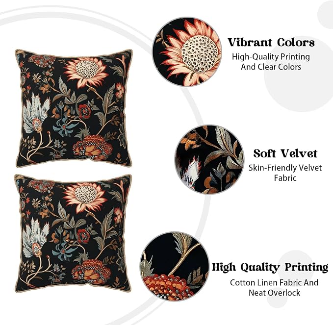 Vintage Red Orange Blue Floral Velvet Pillow Covers 20x20 Inch Retro Abstract Boho Flowers Throw Pillows For Couch Cushion Covers Pillowcase Bohemian Farmhouse Pillow Cases for Sofa Bed Bedroom