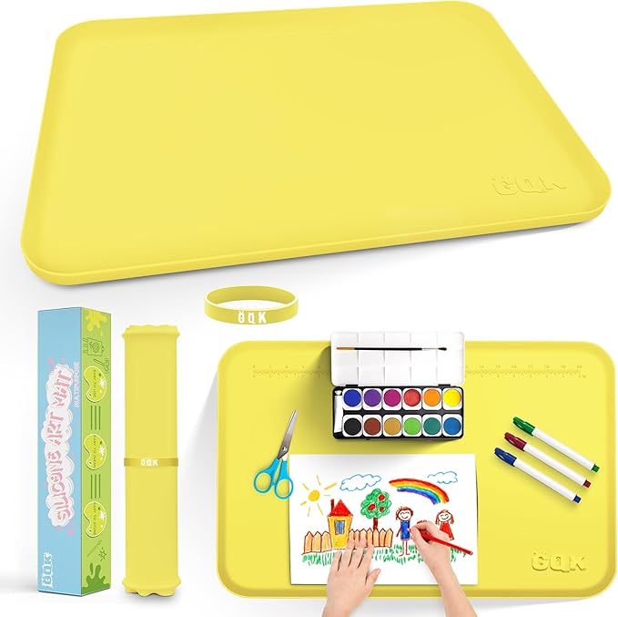Silicone Art Mat for Crafts, 24" x 16" Painting Mat for Kids with Raised Sides to Stay Tidy, Paint Craft Mats for Clay, Resin, Slime, Jewelry-Making & Crafts Creation (Yellow)