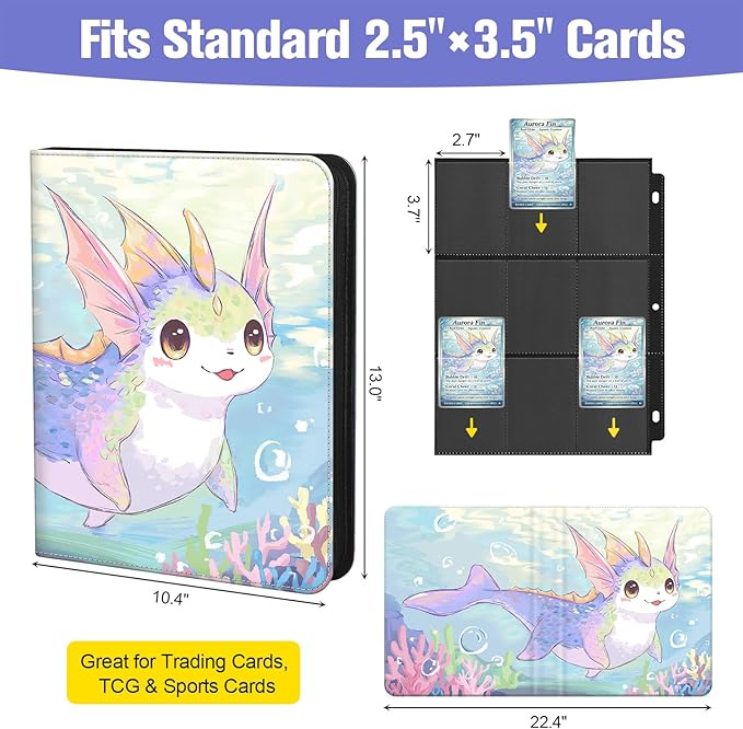Trading Card Binder TCG, 900 Pockets, 50 9-Pocket Sheets, 3-Ring Refillable Album Fits Standard 2.5"×3.5" Cards, Zippered PU Cover, Acid-Free Top-Loading Pages, Wrist Strap - Axolotl Design