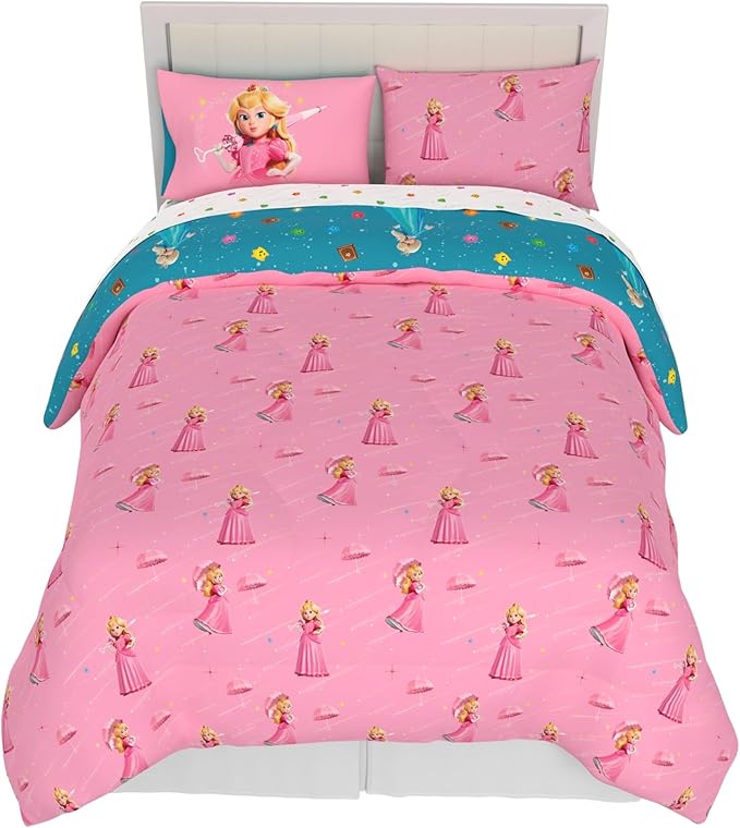 The Super Mario Galaxy Movie Bedding Set, Full Size 7 Piece Set Kids Super Soft Cozy Reversible Comforter and Sheet Set with Sham, Princess Peach (100% Officially Licensed Product) by Franco