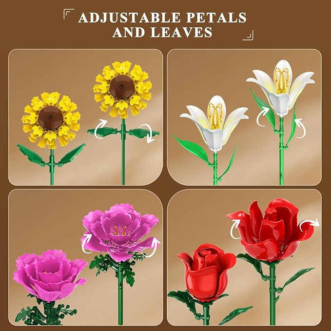 Flower Bouquet Building Set, 18 Flowers Rose Building Block, 1065 PCS Botanical Collection Building Block Toy Plant Home Decor, Gift for Her Adults Women Kids Boys Girls 12+