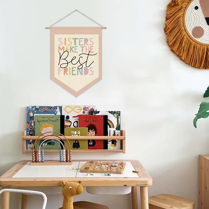 Girls Room Wall Art Decor,Toddler Girl Room Cute Pink Nursery Bedroom Playroom Canvas Banner Decorations,Sisters Make The Best Friends Wall Hanging Pennant Flag Banner for Little Girls Princess