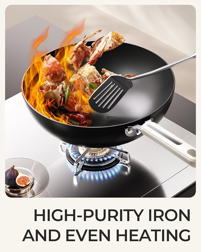 Carbon Steel Wok Pan - 11.8 Inch Pre-Seasoned Flat Bottom Chinese Woks & Stir Fry Pans with Lid, Lightweight Kitchen Cookware for All Stovetops, Gas, Electric, Gift Set for Women/Mom
