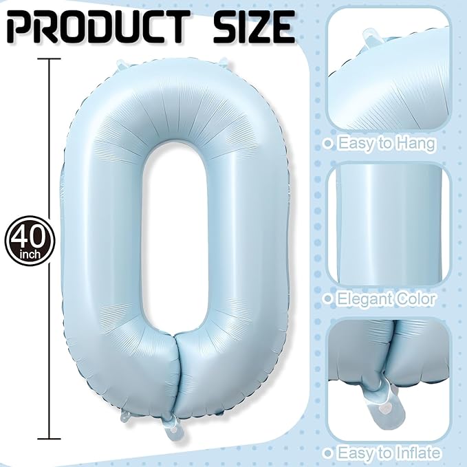 Light Sky Blue Number 0 Balloon, 40'' Pastel Matte Powder Blue Foil Balloons, Globos De Numeros Grandes, Large Mylar Helium Number 0 Balloon for Birthday Party Decor Baby Shower Anniversary Decoration