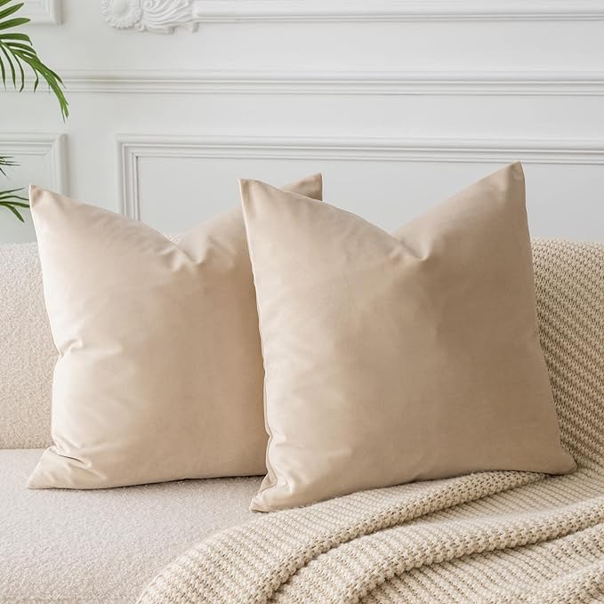 18x18 Throw Pillow Covers Decorative Velvet Cushion Covers Set of 2,Khaki | Soft Pillow Cases with Invisible Zipper for Modern Couch Sofa Bed Living Room Bedroom Home Decor