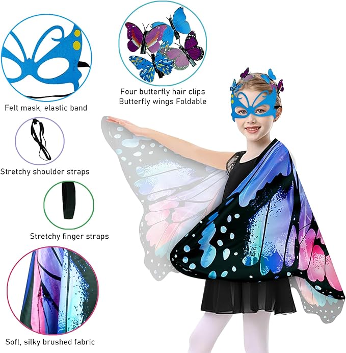 Kids Butterfly Wings Costume for Girls Fairy-Wings Mask Party Favors Gifts (Blue Red sets)
