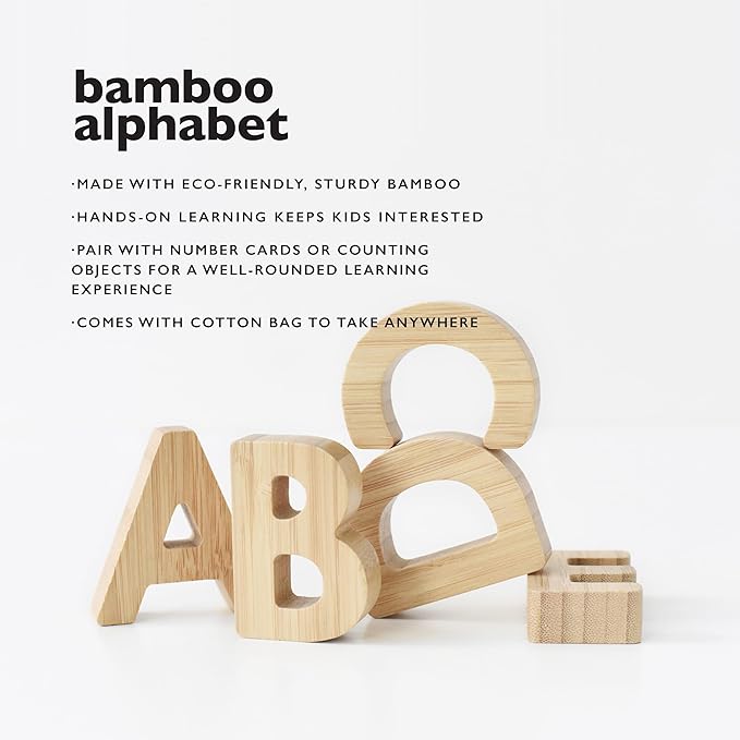 Wee Gallery Bamboo Alphabet, Natural Wood Blocks, Sensory Learning Toy, Wooden Alphabet Toys, 26 Large Letters for Toddler, Preschool Age Kids, Boy or Girl, Learn to Read, Trace, and Sort Pieces
