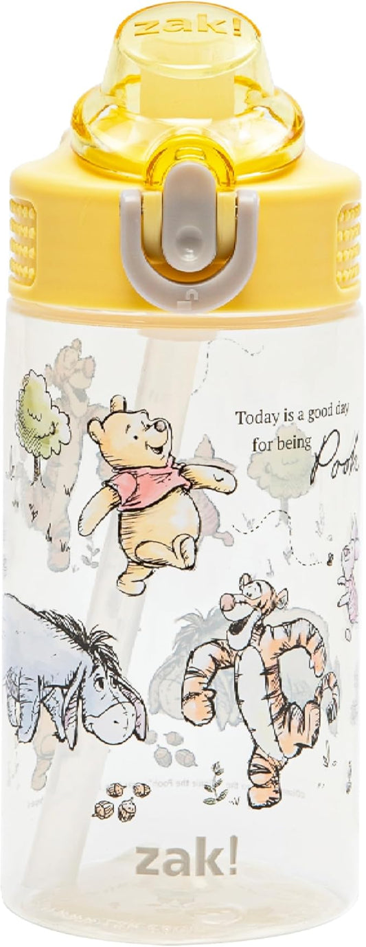 Zak Designs Disney Winnie the Pooh Sage Kids Water Bottle For School or Travel, 16oz Durable Plastic Water Bottle With Straw, Handle, and Leak-Proof, Pop-Up Spout Cover (Winnie the Pooh & Friends)
