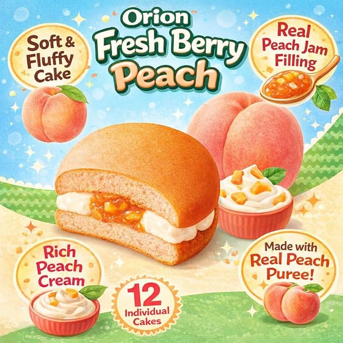 Korean Peach Cream Cake Snack, Soft Filled Sponge Cakes with Real Peach Pieces, Individually Wrapped, 11.85 oz (336g), 12 Pack, Sweet Dessert Snack I Orion