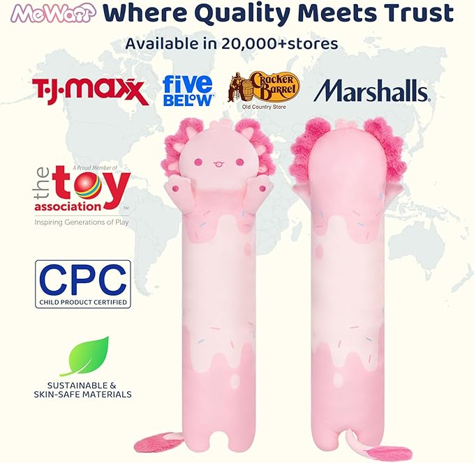 Long Axolotl Plush 5 Sizes, 120% Extra Filling Giant Plushness Kids Body Pillow, Kawaii Cute Pink Axolotl Stuffed Animals Plushies, Big Long Body Pillow Cat Plush Gift for Girls 44”