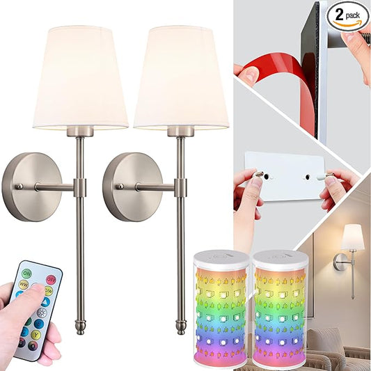 Peel and Stick Wall Sconces, Stick On Wall Sconce Set of 2, Battery Operated Wireless Adhesive Wall Lights, Corn Bulb with 10000mAh Battery, Easy Install for Bedroom Living Room Wall Decor