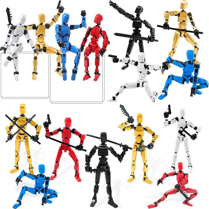 4PCS Robot Fidget Toys for Kids,Titan 13 Action Figures Set, Lucky Dummy T Nova N 13 Action Stick Figure Sensory Toys for Boys (Golden+White+Blue+Red)