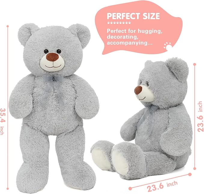 MorisMos Giant Teddy Bear Stuffed Animal 3ft-36 inch Big Teddy Bear for Baby Shower Decor, Large Stuffed Bear Gifts for Girl Boy Women on Birthday Christmas,Grey