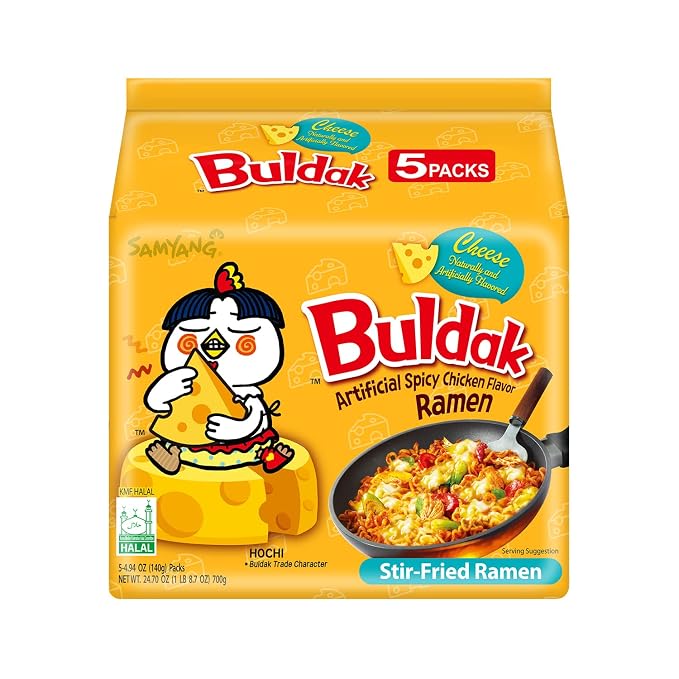 Samyang Buldak Cheese Spicy Hot Chicken Stir-Fried Noodles 4.94oz (Pack of 5)
