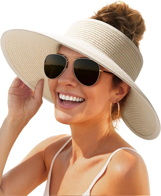 FURTALK Womens Sun Hat with Ponytail Hole Wide Brim Beach Straw Visor | Foldable & Packable for Beach Vacations, Adjustable Fit for Messy Buns, Detachable Windproof Strap, Sweat-Wicking Inner Band