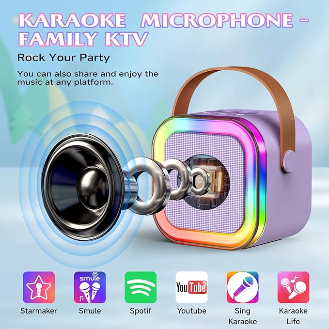 Mini Karaoke Machine with 2 Mics, Wireless Microphones for Kids Adults Toddler with LED Party Lights, Kids Microphone Christmas Birthday Gift for Girls Toys 4, 5, 6, 7, 8, 10 12+ Years Old 【Purple】
