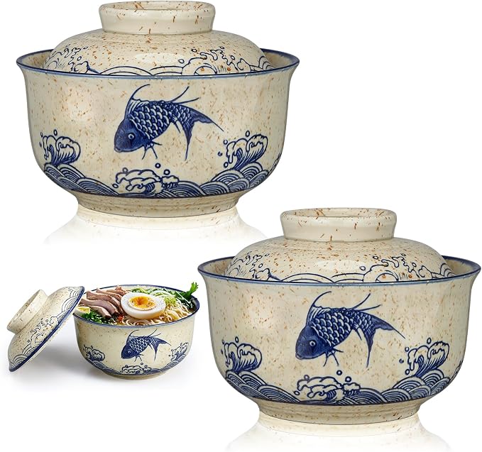 SiliFine Ramen Bowl Set of 2 Ceramic Ramen Bowl with Lid 25oz Microwave Clay Pot Traditional Japanese Tableware Korean Clay Pot for Christmas Soup Salad Meal Rice Home Office(Blue,Oatmeal,Stylish)