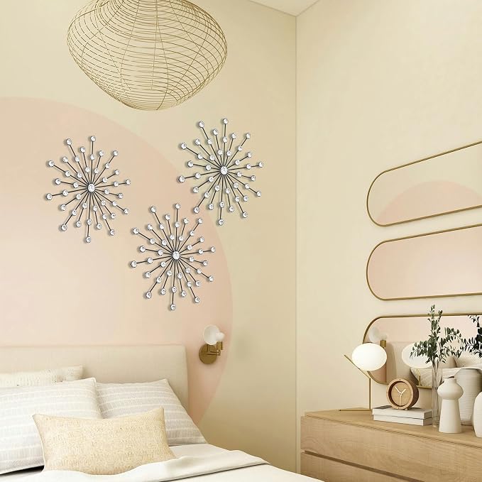 ZEXUIRU 3 Set Black Starburst Wall Art for Home Decor Metal Bling Crystal Rhinestones Sunburst Wall Decor Sparkling Rhinestone Art Accent Black - 13in