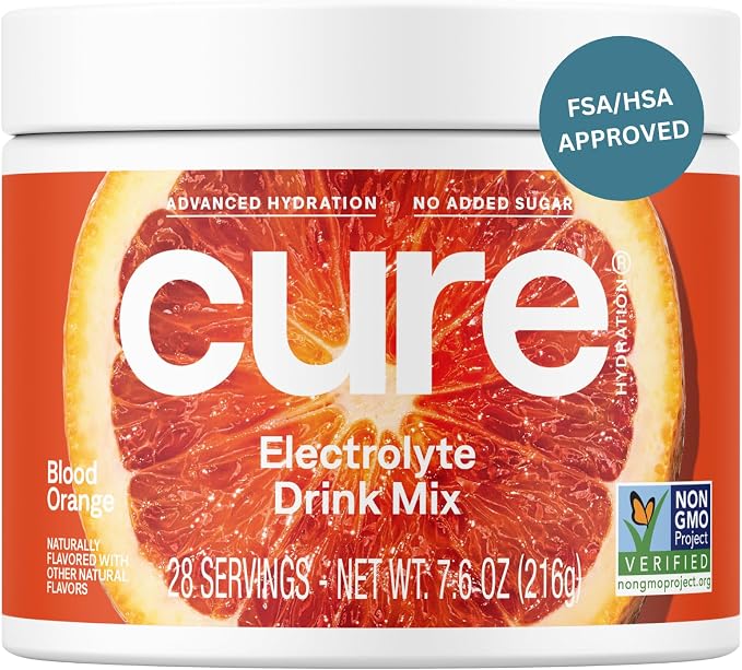 Cure Hydration | Plant-Based Electrolyte Drink Mix | No Added Sugar | Dehydration Relief Powder Made with Coconut Water | Non-GMO | Vegan | 28 Servings Jar - Blood Orange
