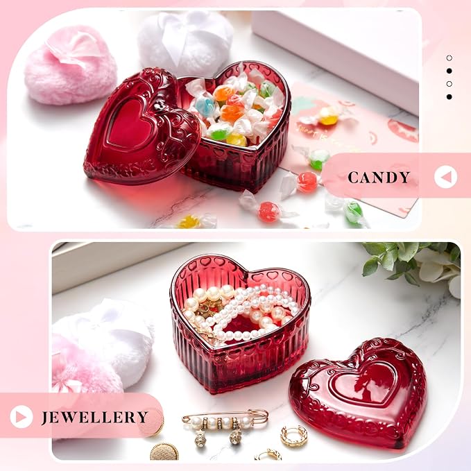 Tioncy 3 Pcs Large Body Powder Puff and Container Valentine's Day gift Powder Container with Puff Crystal Case Soft Washable Reusable Velour Face Body Glitter Wet Dry Makeup (Heart,Crimson)