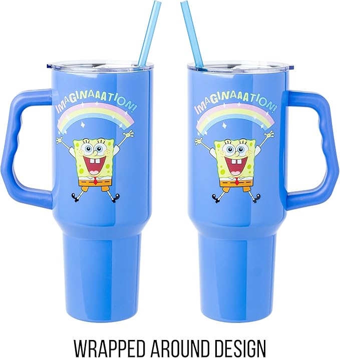 Silver Buffalo SpongeBob SquarePants “Imaginaaation!” Double Walled Stainless Steel Tumbler with Handle, Fits in Standard Cup Holder, 40 Ounces