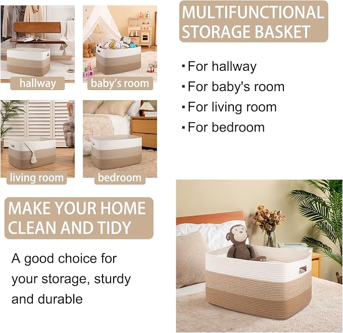 OIAHOMY Large Blanket Basket For Living Room, Rectangle Woven Baskets for Storage, Nursery Toy Storage With Handle-22”x17”x12”-Gradient Light Yellow