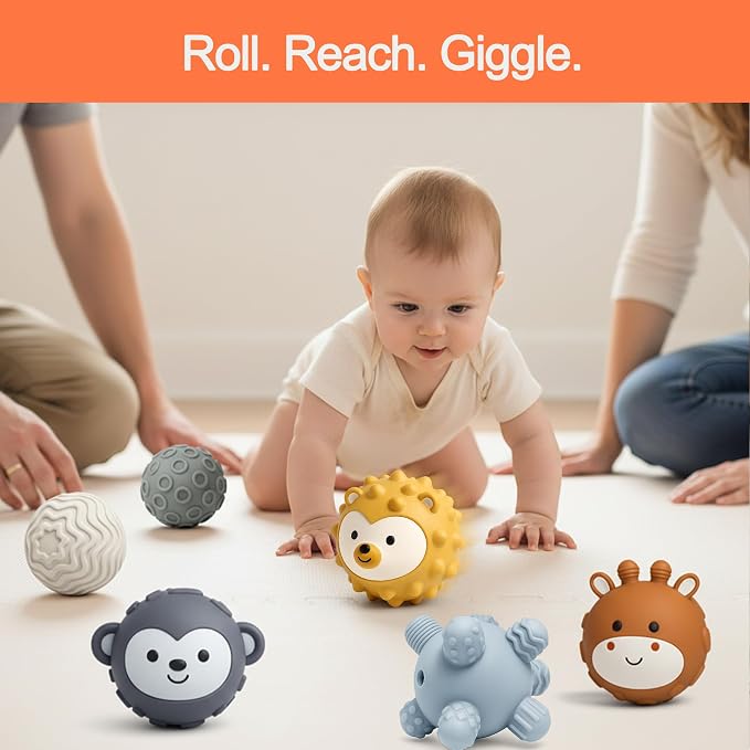 6-Pack Baby Sensory Balls, Textured & Animal Face Toddler Balls, BPA-Free Soft Teething Toys, Montessori Developmental Toys for Babies 6-12 Months, for Infant
