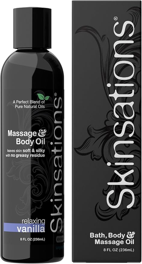 Skinsations – Vanilla Massage Oil for Couples – Relaxing Aromatherapy Body Oil for Massage Therapy – Sweet Almond, Coconut, Jojoba & Grapeseed Blend - 8oz