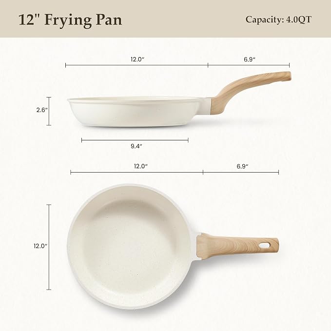 CAROTE 12 Inch Non Stick Frying Pan, Cream White Granite Skillet | Kitchen Healthy Non Toxic Stone Cookware, Induction Compatible, Dishwasher & Oven Safe, PFOA Free